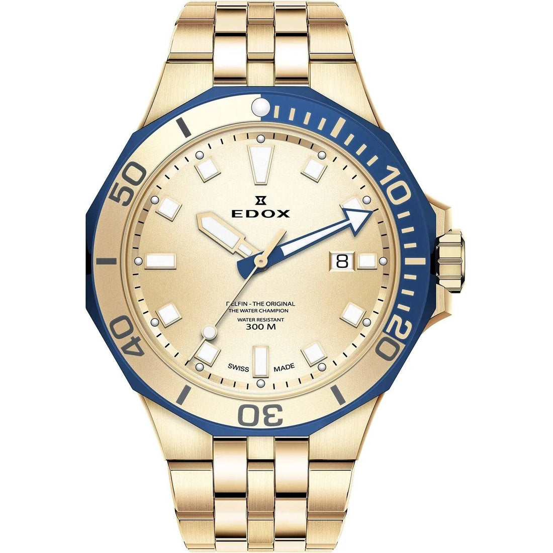 Edox Delfin 53015 357JBUM DI Heren Duikhorloge 43mm met goudkleurige roestvrijstalen band en blauwe duikring, waterdicht tot 300 meter.