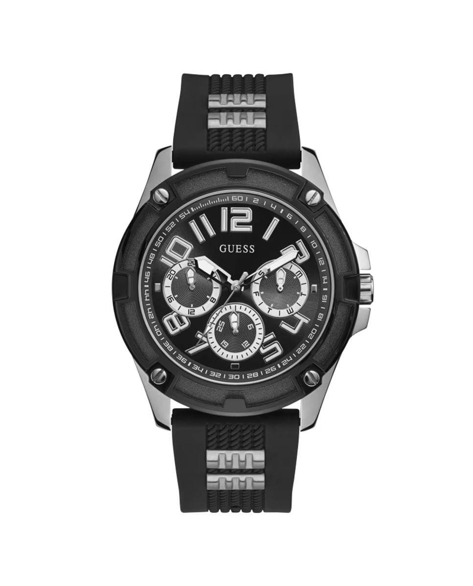 Guess Herenhorloge – Stijlvol Grijs RVS met Zwarte Siliconen Band 46-52mm