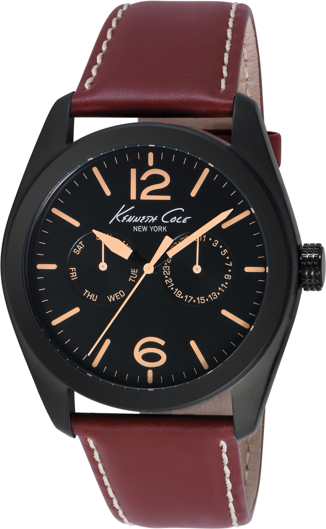 Kenneth Cole Herenhorloge - Zwarte RVS Kast, Bruine Leren Band 41-45mm