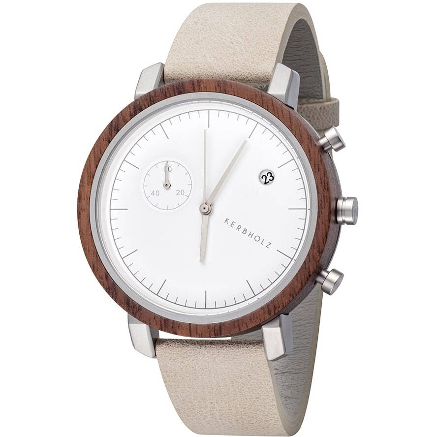 Kerbholz Houten Herenhorloge 45mm XL met witte wijzerplaat en walnoothouten bezel, stijlvol design voor moderne heren.
