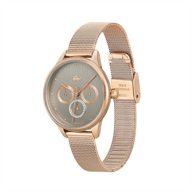 Lacoste BirdieLC2001090 - Dameshorloge 36mm met roségouden mesh band en multifunctioneel quartz uurwerk. Waterdicht tot 5 ATM, stijlvol voor dagelijks gebruik.
