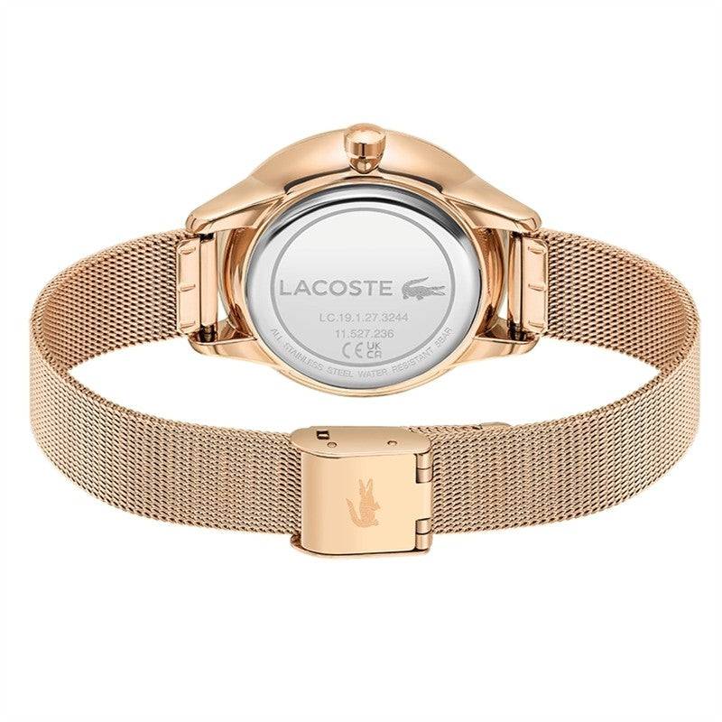 Lacoste BirdieLC2001090 - Dameshorloge 36mm met roségouden roestvrijstalen mesh band en gegraveerde gesp, ideaal voor dagelijks gebruik.