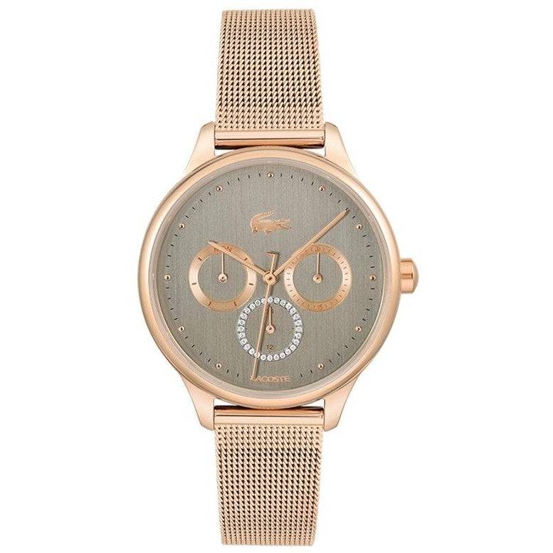 Lacoste BirdieLC2001090 dameshorloge 36mm met roségouden mesh band, quartz uurwerk en multifunctionele wijzerplaat, ideaal voor dagelijks gebruik.