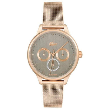 Lacoste BirdieLC2001090 dameshorloge 36mm met roségouden mesh band, quartz uurwerk en multifunctionele wijzerplaat, ideaal voor dagelijks gebruik.