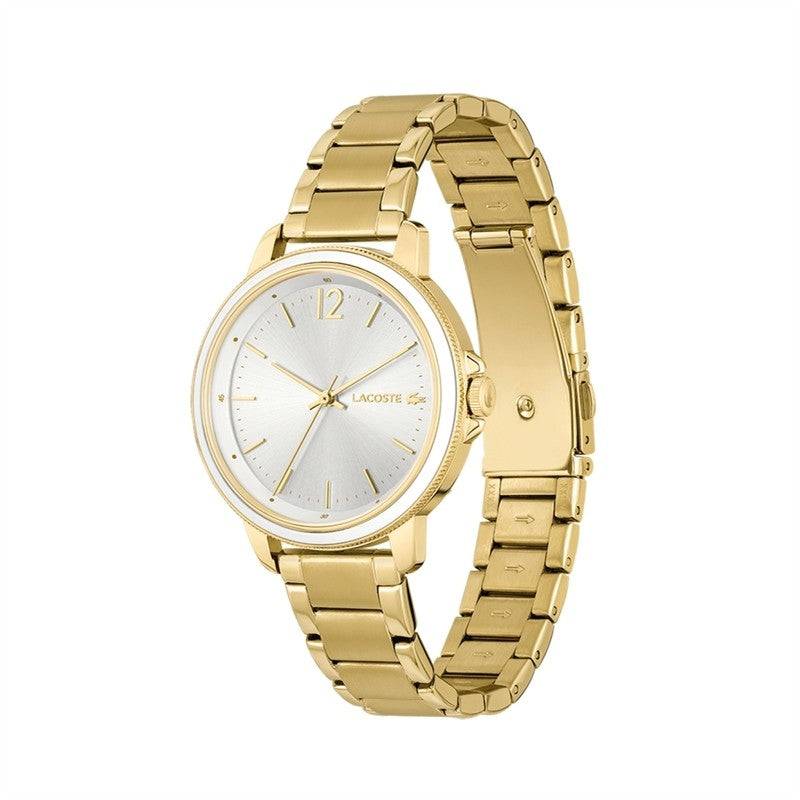 Lacoste dameshorloge - LC2001221 met goudkleurige roestvrijstalen band en zilverkleurige wijzerplaat, elegant en tijdloos design voor dames.