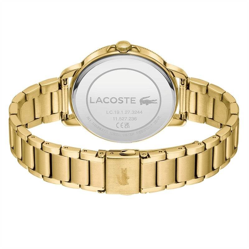 Achterzijde van het Lacoste dameshorloge LC2001221 met goudkleurige roestvrijstalen band en gegraveerd Lacoste-logo. Elegant en tijdloos design.