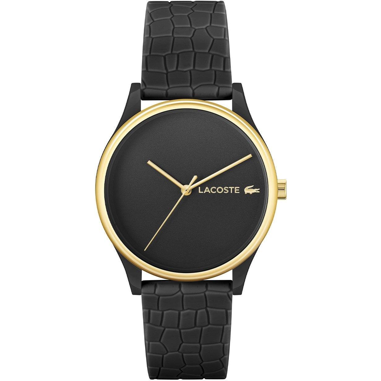 Lacoste Dameshorloge 36mm - Crocodelle Band met zwarte wijzerplaat, goudkleurige accenten en reliëf crocodelle-band. Waterdicht en quartz uurwerk.