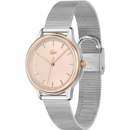 Lacoste LC2001257 Club dameshorloge met roségouden wijzerplaat en zilveren mesh band. Elegant horloge voor dames, ideaal voor elke outfit.