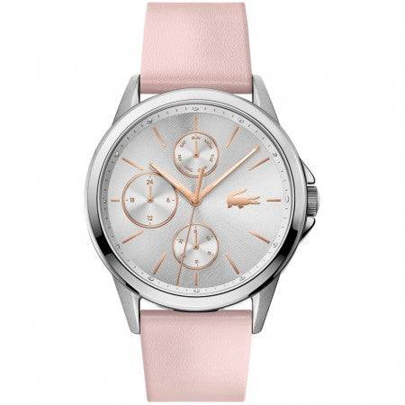 Lacoste dameshorloge 40mm - LC2001108 met Florence design en roze leren band. Elegant horloge voor dames met zilverkleurige wijzerplaat.