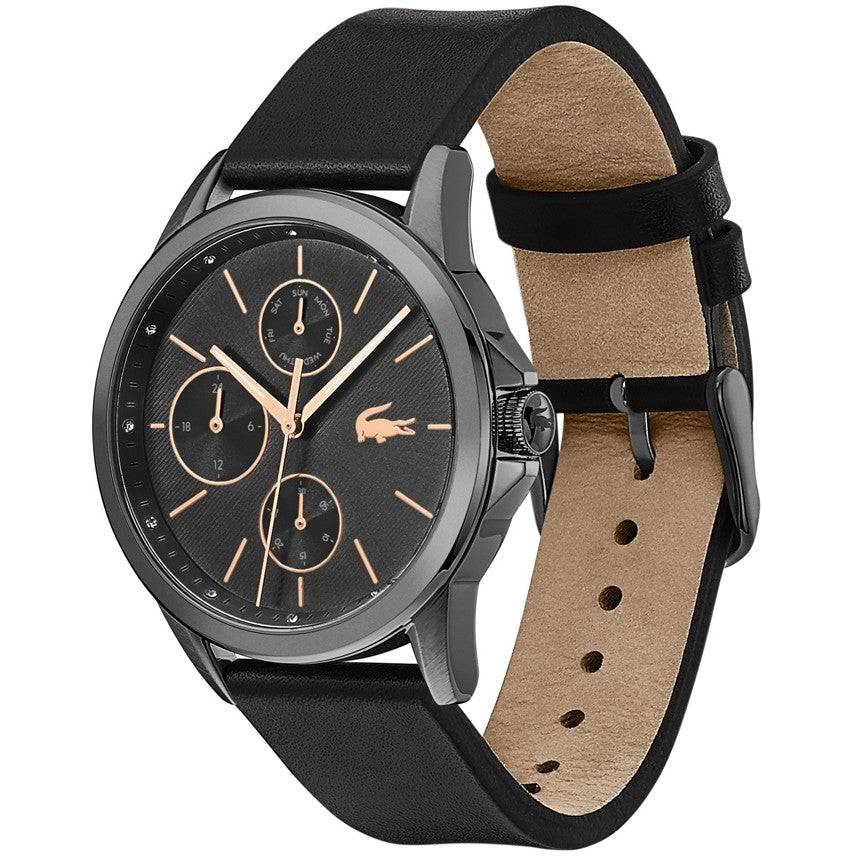 Lacoste Dameshorloge FLORENCE LC2001109 met zwarte leren band en roségouden accenten. Elegant 40mm horloge voor dames, ideaal voor elke gelegenheid.