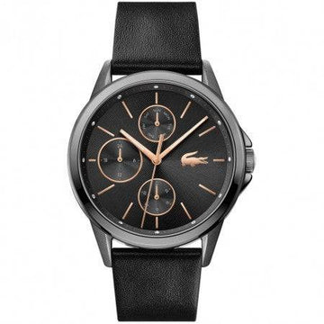 Lacoste Dameshorloge FLORENCE LC2001109 met zwarte leren band en roségouden accenten. Elegant 40mm horloge voor dames, ideaal voor elke gelegenheid.