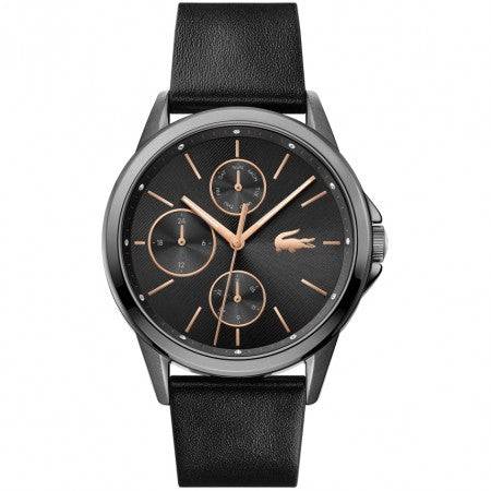 Lacoste LC2001153 dameshorloge met zwart leren bandje en roségouden details. Elegant design voor moderne vrouwen, ideaal voor elke gelegenheid.