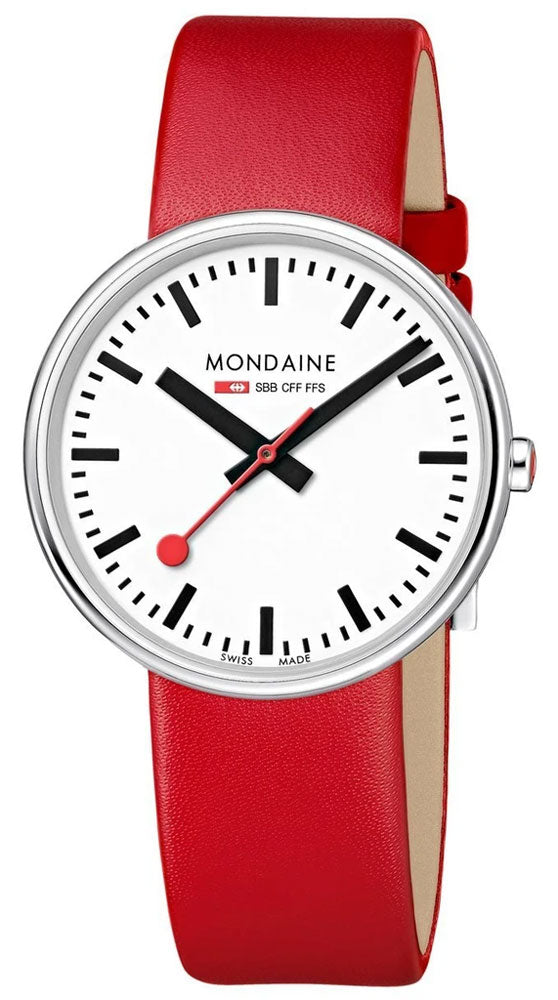 Mondaine Giant MSX.3511B.LC dameshorloge met rood lederen band en backlight functie. Giant Backlight horloge biedt langdurige zichtbaarheid in het donker.