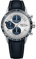 Raymond Weil Freelancer 7731-SC3-65521 herenhorloge 42mm met blauwe leren band, zilveren wijzerplaat en tachymeter bezel. Luxe Swiss Made automatisch horloge voor heren.