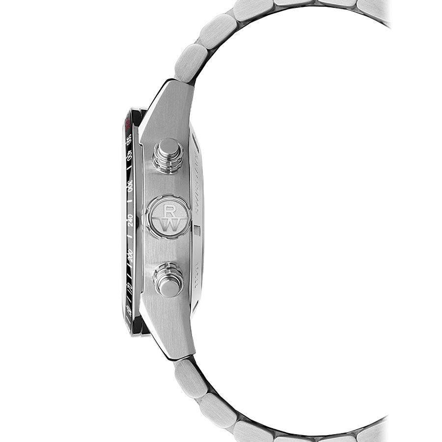 Zijaanzicht van de Raymond Weil Freelancer 7731-ST1-20621 automatisch chronograaf herenhorloge 42mm met roestvrijstalen kast en RW-logo. Luxe Swiss Made horloge voor heren in de categorie sieraden en horloges.