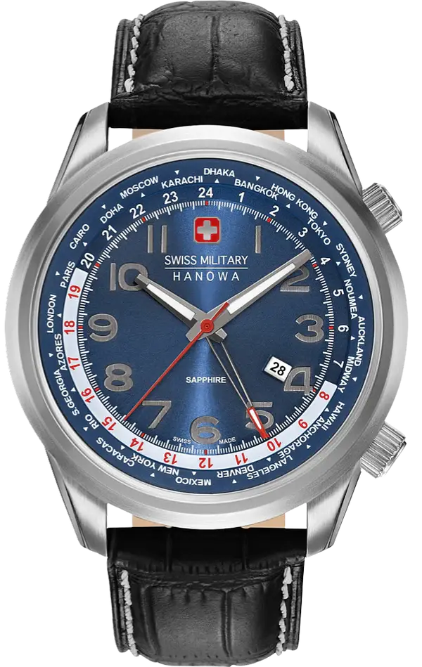 Swiss Military Hanowa Worldtimer 06-4293.04.003 44mm herenhorloge DEMO met blauwe wijzerplaat, wereldtijdfunctie en zwarte lederen band.