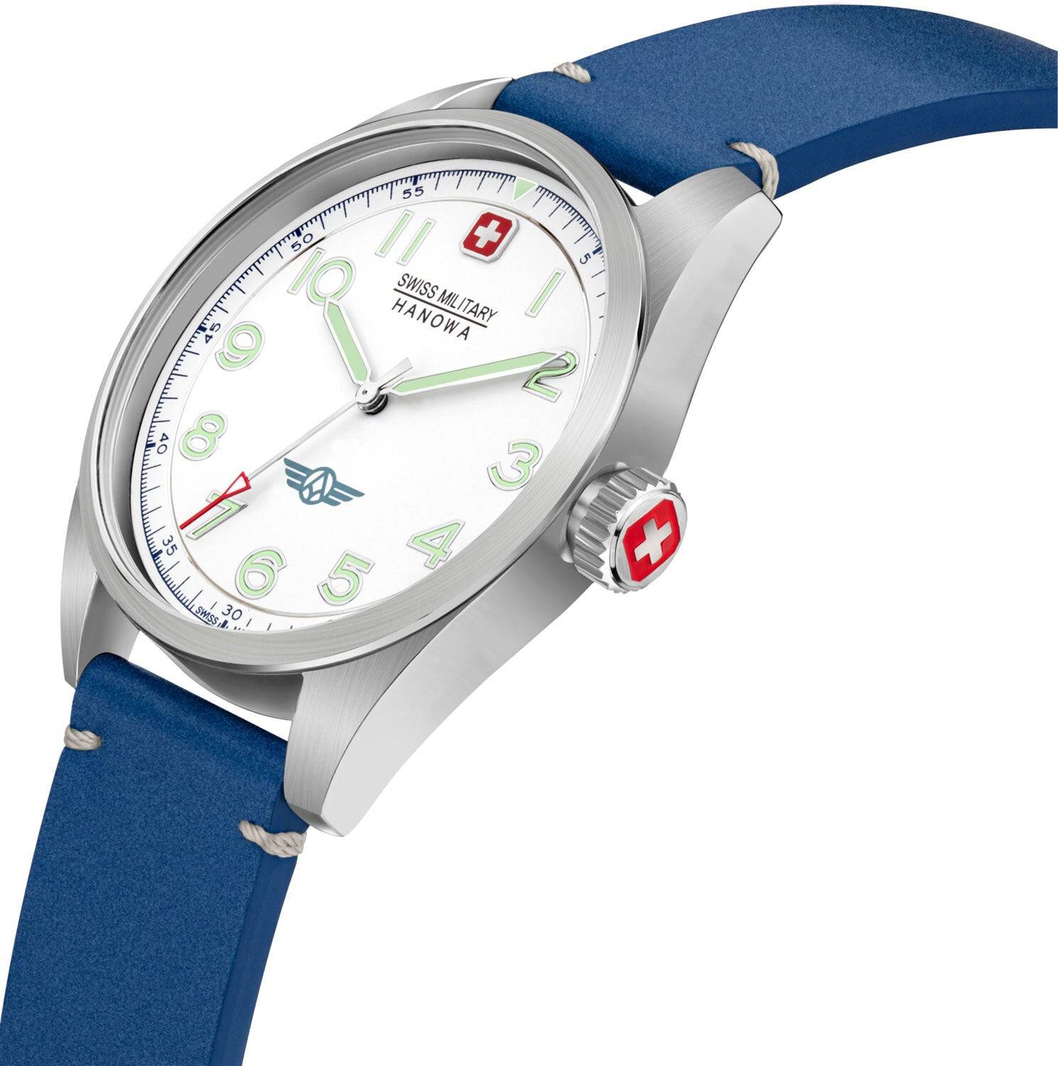 Swiss Military Hanowa SMWGA2100403 Falcon Herenhorloge 42mm met wit wijzerplaat, blauwe leren band en Zwitsers quartz uurwerk voor herenmode.