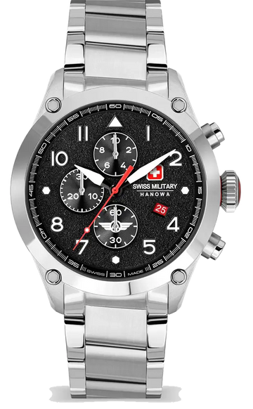 Swiss Military Hanowa Herenhorloge 44mm Nightflighter SMWGI2101501 met zwarte wijzerplaat en chronograaf. Stijlvol Swiss Made horloge voor heren.