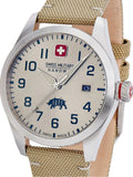 Swiss Military Hanowa Bushmaster Herenhorloge 43mm met beige canvas band en zilverkleurige kast, ideaal voor outdoor en casual stijl.