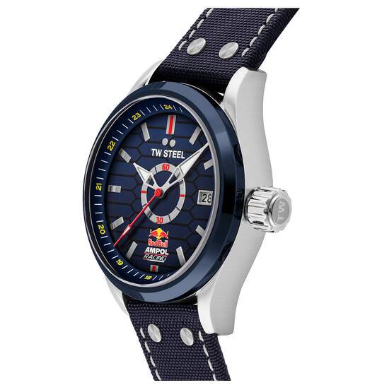 TW Steel VS93 Red Bull Ampol Racing herenhorloge met 45mm kast, blauw wijzerplaat met Red Bull design en zwarte leren band met stiksels.