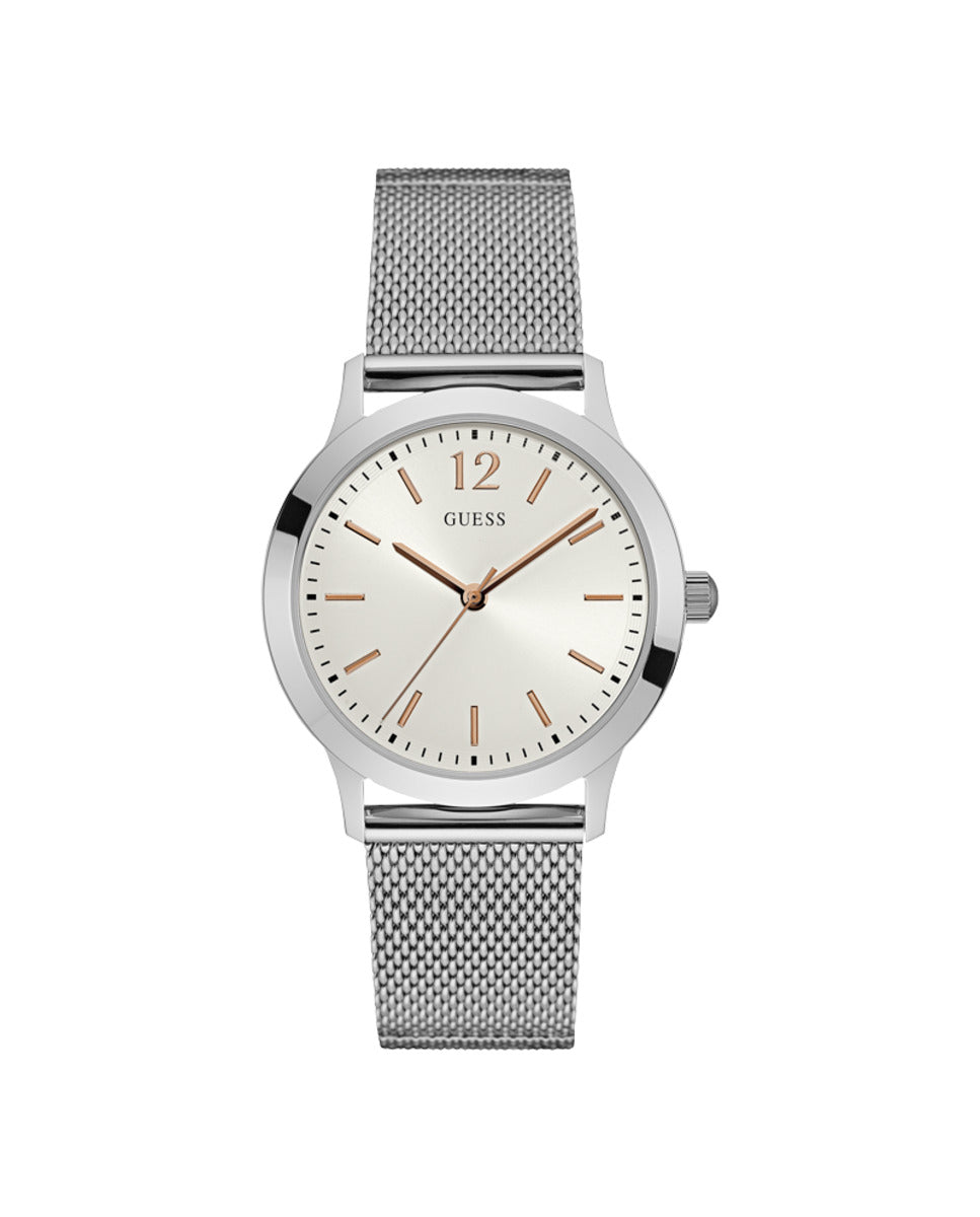 Elegant Guess Herenhorloge Zilverkleurig RVS, Witte Wijzerplaat 37-40mm