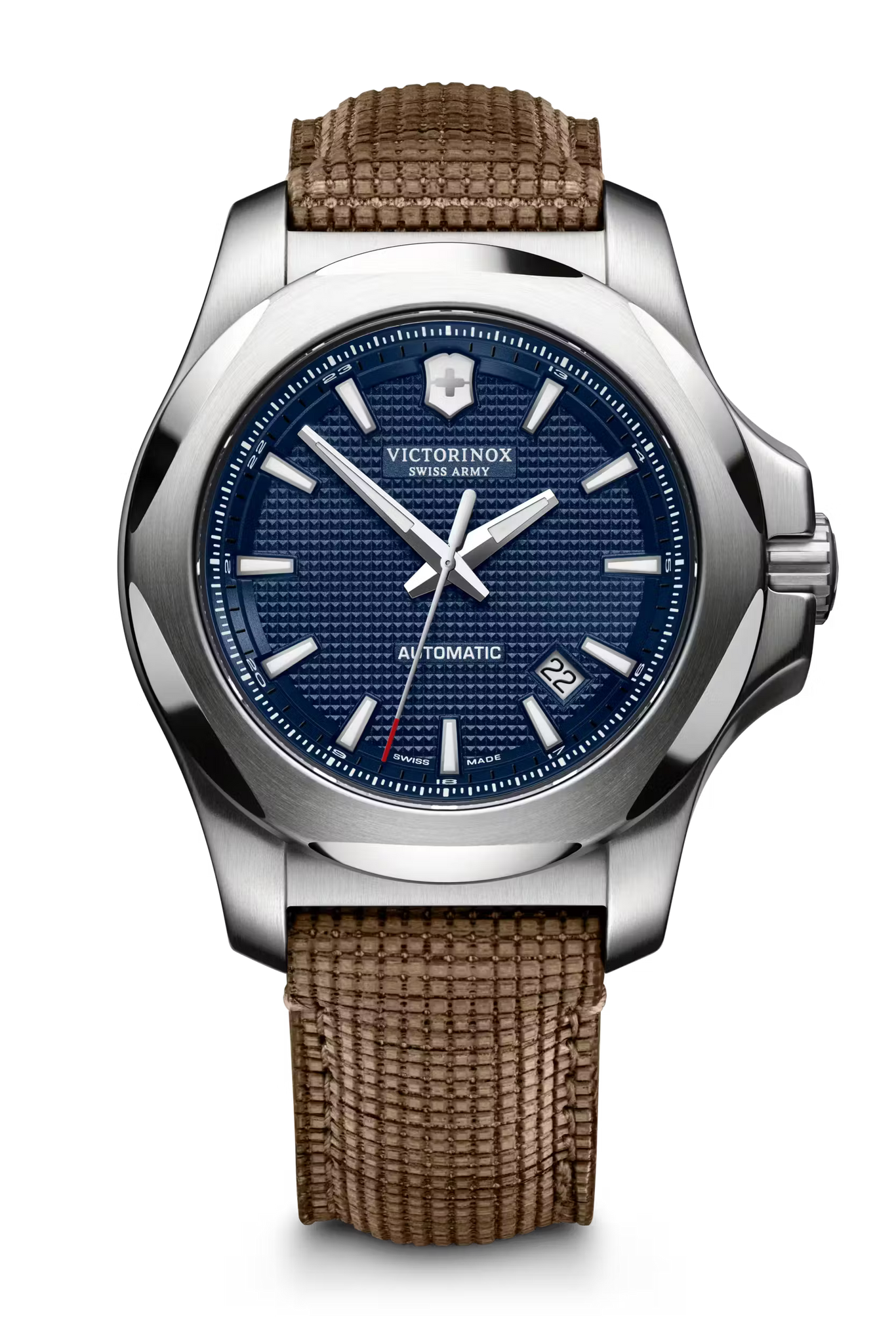 Victorinox I.N.O.X. Automatic Herenhorloge 241834 met blauwe wijzerplaat, roestvrijstalen kast van 43mm en bruine textielband. Swiss Made duikhorloge met 20 ATM waterdichtheid, ideaal voor dagelijks gebruik en outdoor activiteiten.