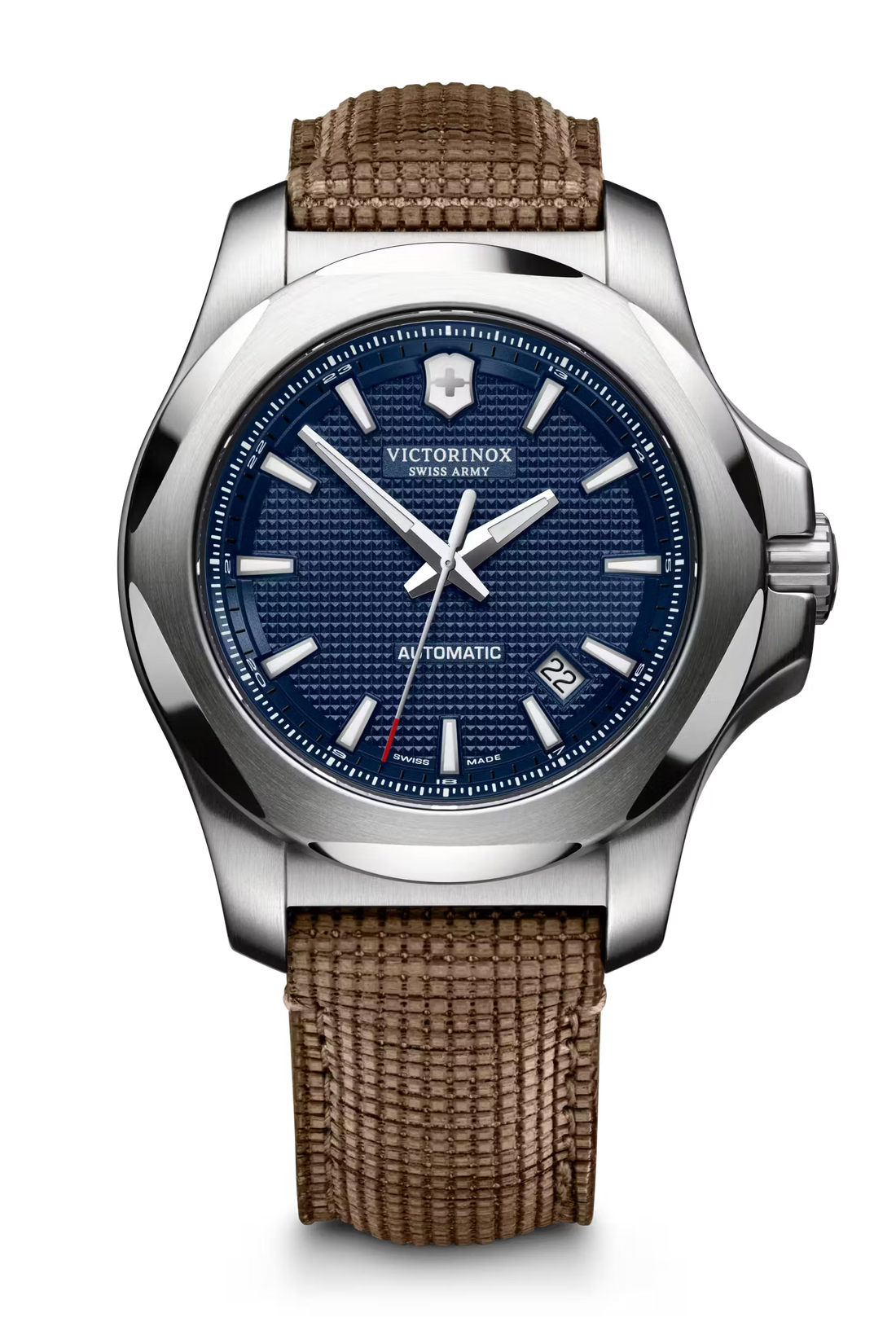 Victorinox I.N.O.X. Automatic Herenhorloge 241834 met blauwe wijzerplaat, roestvrijstalen kast van 43mm en bruine textielband. Swiss Made duikhorloge met 20 ATM waterdichtheid, ideaal voor dagelijks gebruik en outdoor activiteiten.