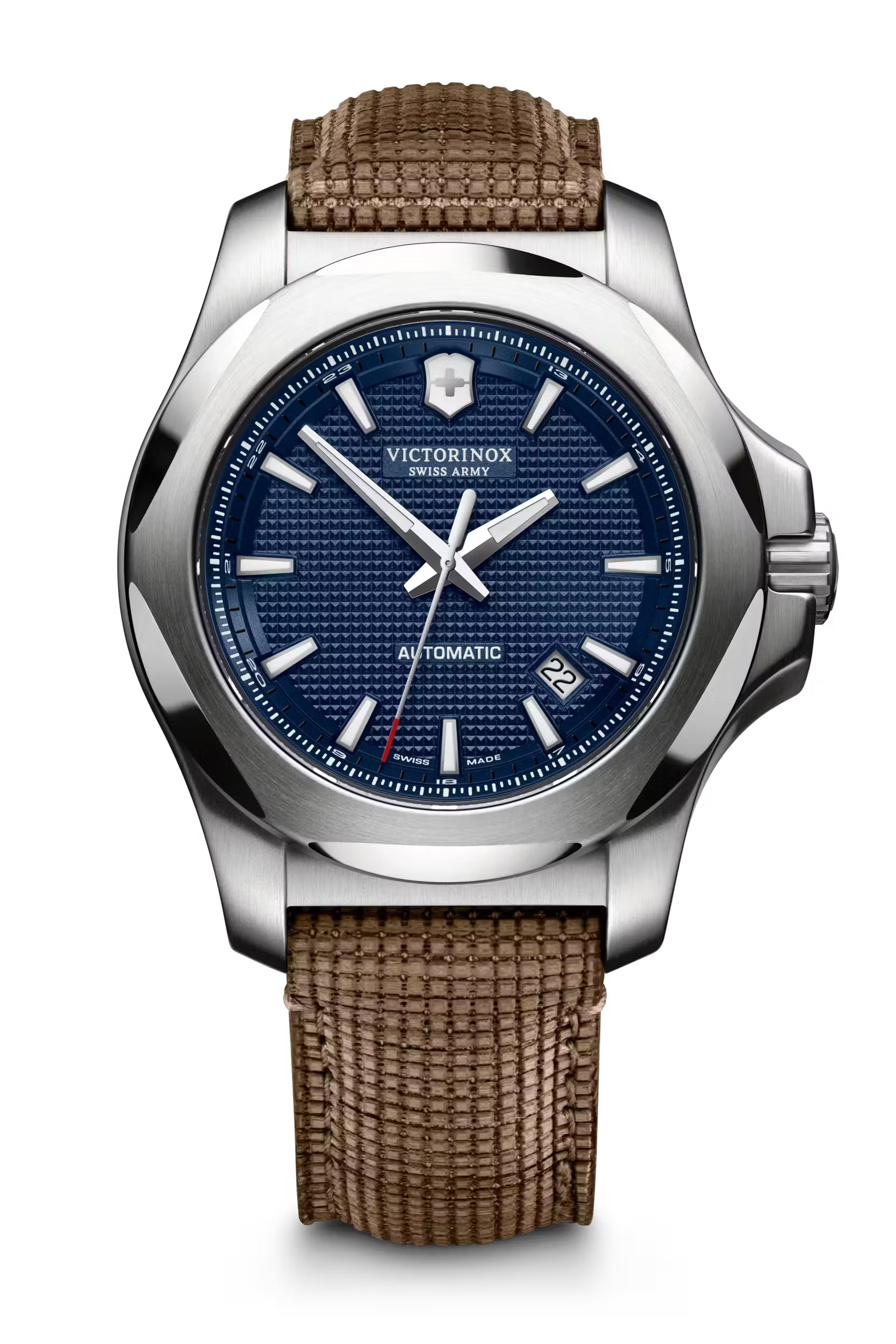 Victorinox I.N.O.X. Automatic Herenhorloge 241834 met blauwe wijzerplaat, roestvrijstalen kast van 43mm en bruine textielband. Swiss Made duikhorloge met 20 ATM waterdichtheid, ideaal voor dagelijks gebruik en outdoor activiteiten.