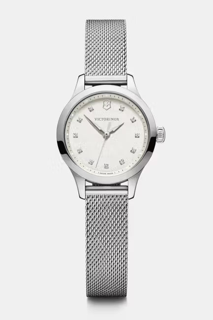 Victorinox Alliance 241919 Dameshorloge 37mm met zilverkleurige mesh band en parelmoer wijzerplaat met kristallen indexen, Swiss Made elegantie.