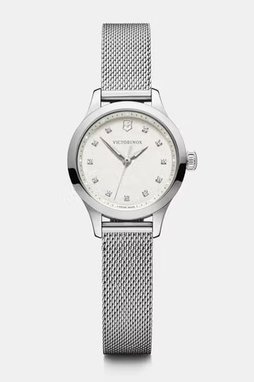 Victorinox Alliance 241919 Dameshorloge 37mm met zilverkleurige mesh band en parelmoer wijzerplaat met kristallen indexen, Swiss Made elegantie.