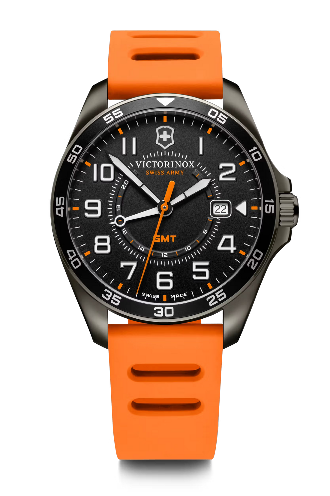 Koop Victorinox Fieldforce 241897 Horloge 42mm met oranje rubberen band en zwarte wijzerplaat met chronograaf. Swiss Made herenhorloge met datumfunctie.