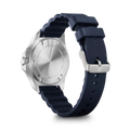 Victorinox dameshorloge slanke pols met 37mm roestvrijstalen kast en donkerblauwe rubberen band, ideaal voor dagelijks gebruik en waterbestendig tot 10ATM.