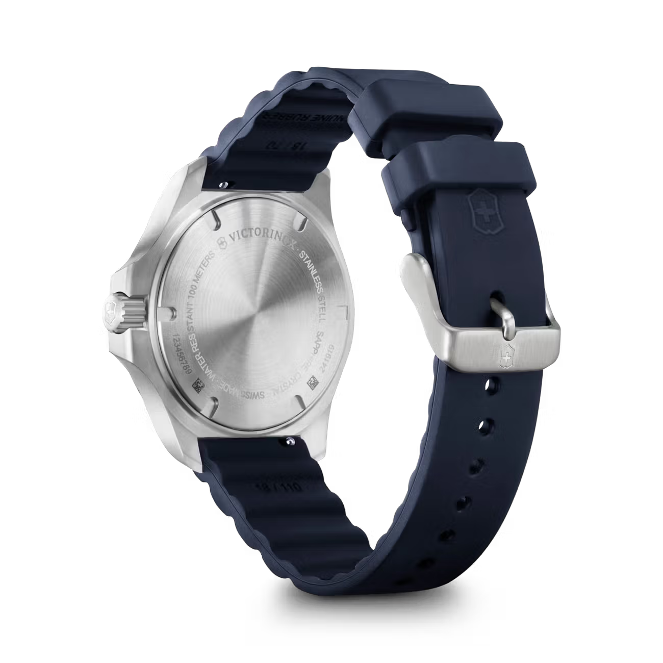 Victorinox dameshorloge slanke pols met 37mm roestvrijstalen kast en donkerblauwe rubberen band, ideaal voor dagelijks gebruik en waterbestendig tot 10ATM.