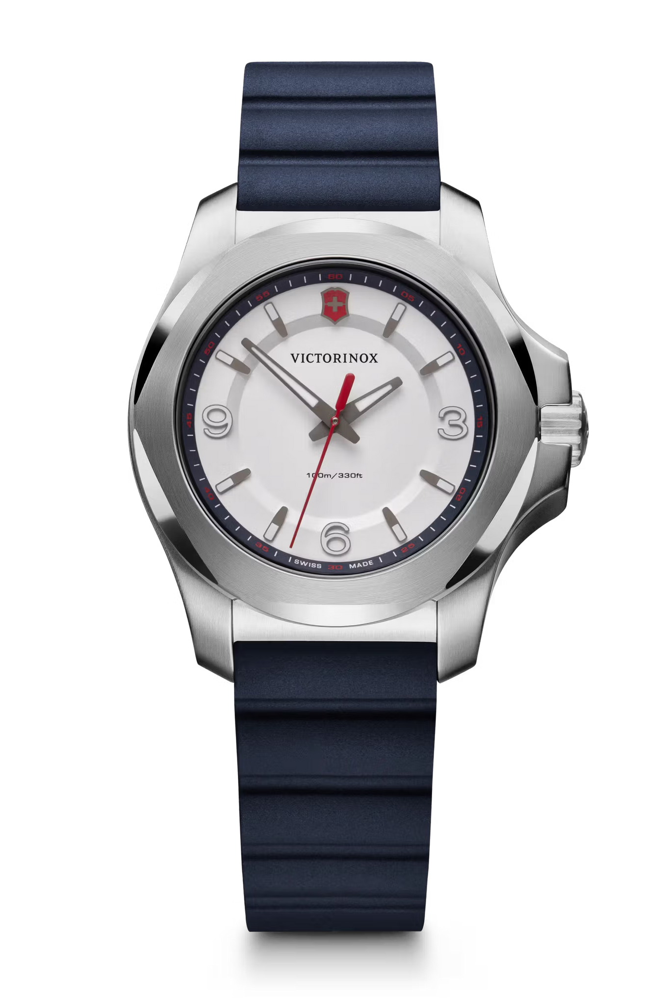 Victorinox dameshorloge voor slanke pols met 37mm roestvrijstalen kast, witte wijzerplaat en blauwe rubberen band. Swiss Made, waterdicht tot 10ATM.