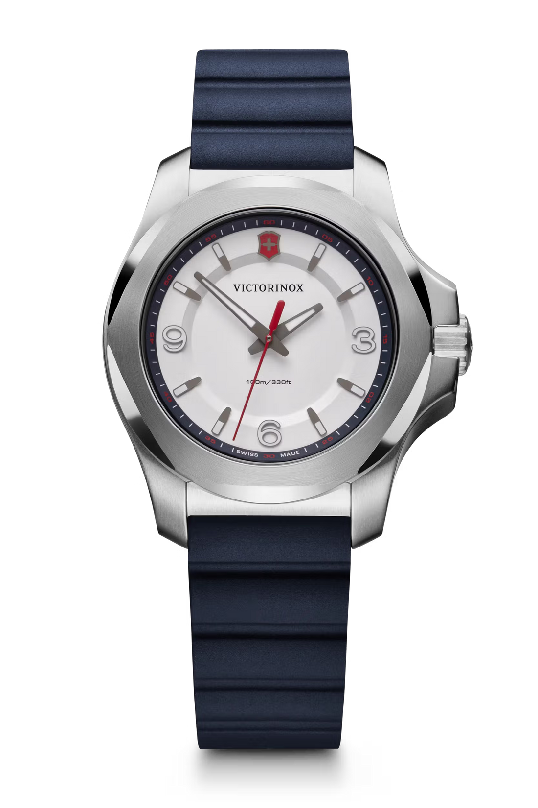 Victorinox dameshorloge voor slanke pols met 37mm roestvrijstalen kast, witte wijzerplaat en blauwe rubberen band. Swiss Made, waterdicht tot 10ATM.