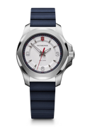 Victorinox dameshorloge voor slanke pols met 37mm roestvrijstalen kast, witte wijzerplaat en blauwe rubberen band. Swiss Made, waterdicht tot 10ATM.