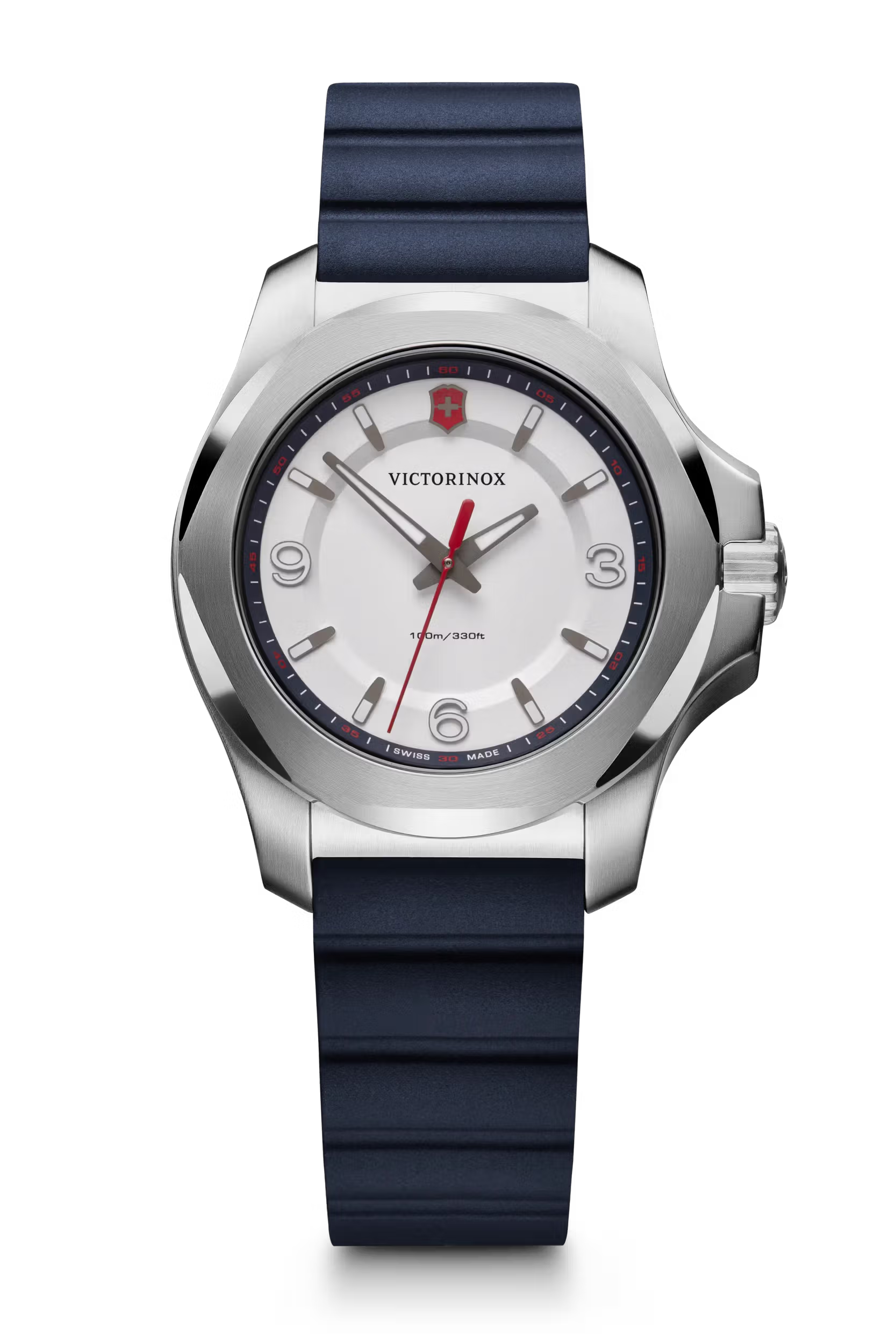 Victorinox dameshorloge voor slanke pols met 37mm roestvrijstalen kast, witte wijzerplaat en blauwe rubberen band. Swiss Made, waterdicht tot 10ATM.