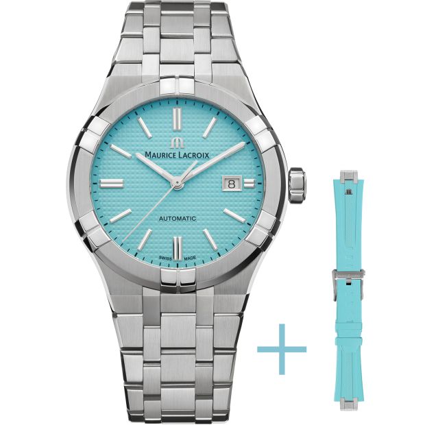 Maurice Lacroix Aikon Automatic Date Limited Edition Herenhorloge 42mm met turquoise wijzerplaat en extra rubberen band. Luxe Swiss Made horloge voor heren.