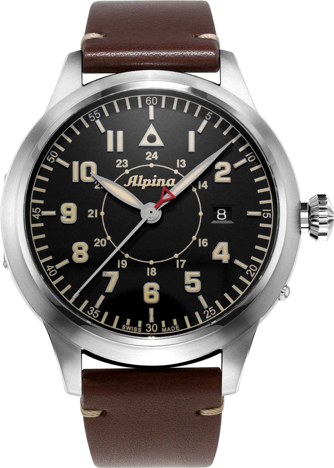 Alpina Startimer Herenhorloge 44mm Limited Edition met zwart wijzerplaat, bruine lederen band en Swiss Made precisie, ideaal voor heren.
