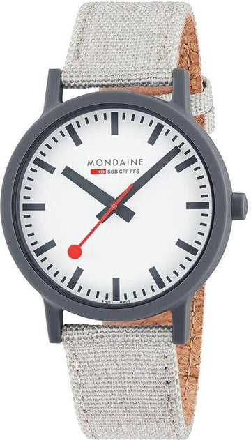 Mondaine Essence 41mm Herenhorloge met witte wijzerplaat, zwarte kast en grijze stoffen band. Swiss Made horloge voor stijlvolle heren.
