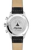 Achterkant van de Alpina Startimer Pilot Big Date Chronograph AL-372NB4S6 herenhorloge 44mm met roestvrijstalen kast en gegraveerd Alpina-logo.