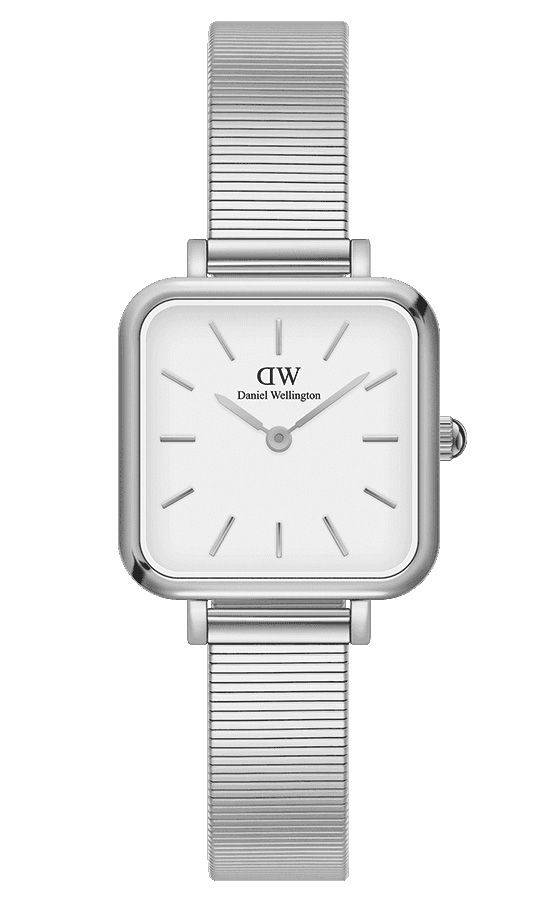 Daniel Wellington Quadro Studio DW00100521 31mm dameshorloge met zilveren mesh band en minimalistische witte wijzerplaat. Elegant accessoire voor elke outfit.