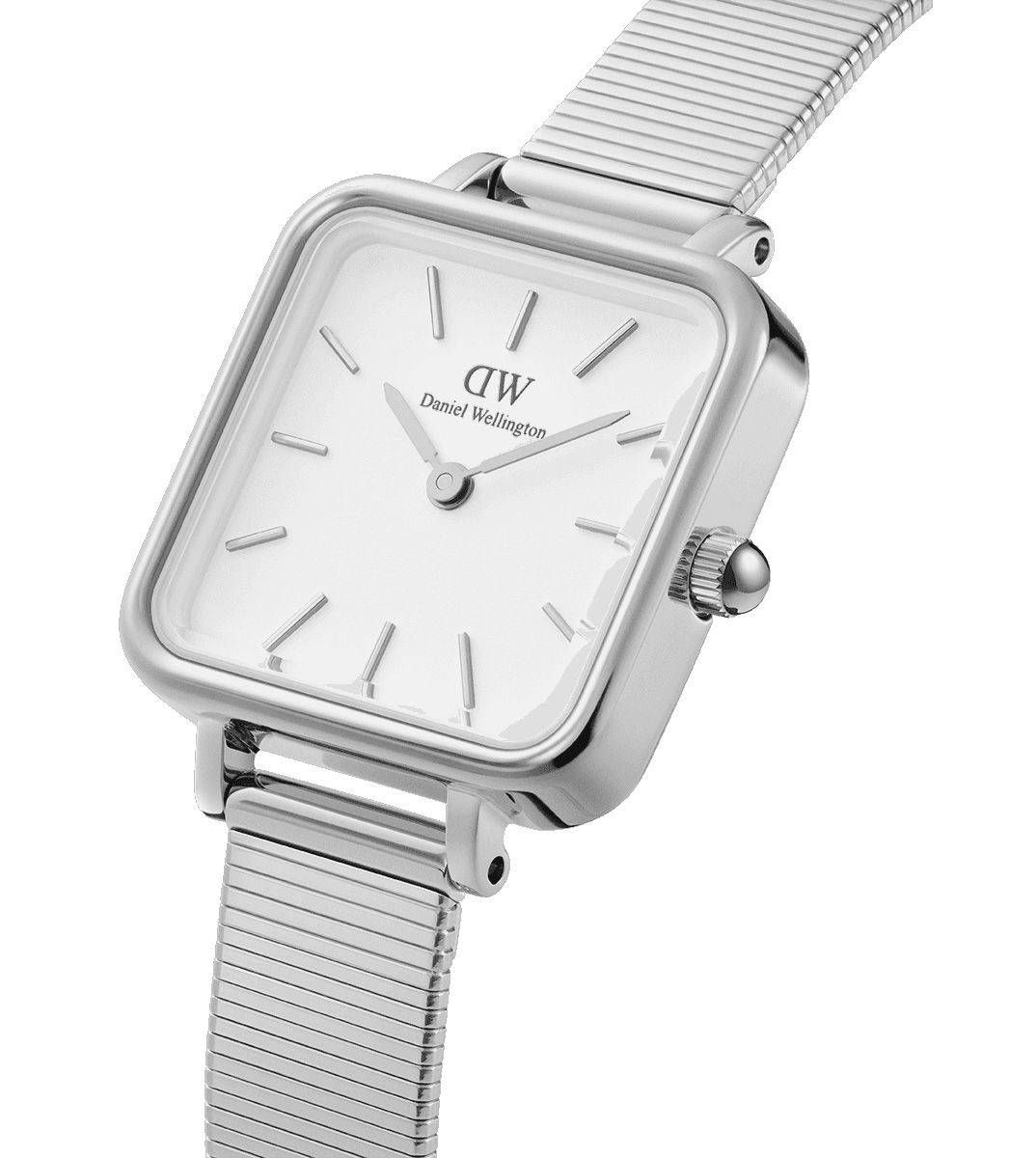Daniel Wellington Quadro Studio DW00100521 31mm dameshorloge met zilveren mesh band en minimalistische witte wijzerplaat. Elegant accessoire voor elke outfit.