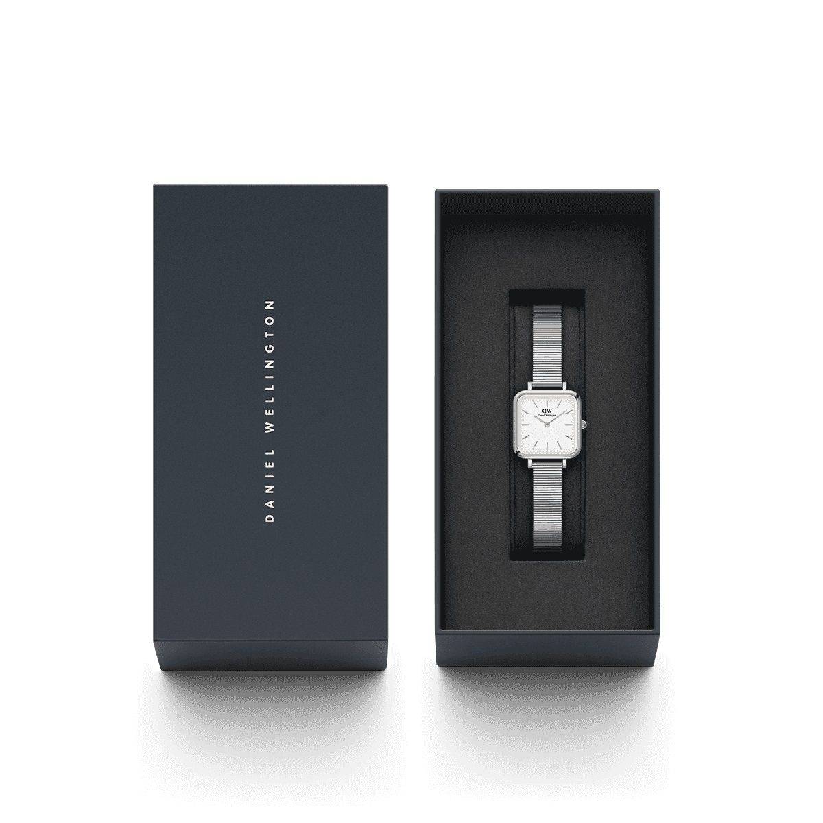 Daniel Wellington Quadro Studio DW00100521 31mm dameshorloge met zilveren mesh band in luxe zwarte geschenkverpakking. Elegant en minimalistisch design.