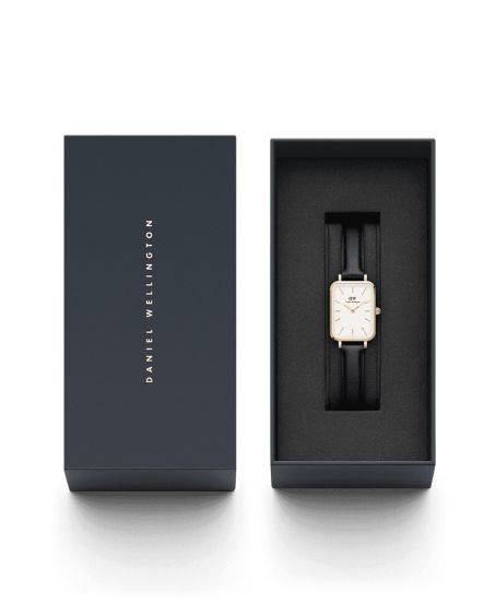 Daniel Wellington Quadro Pressed Sheffield DW00100559 20mm dames horloge met rechthoekige wijzerplaat en zwarte leren band in luxe geschenkverpakking. Elegant accessoire voor dames in de categorie horloges.