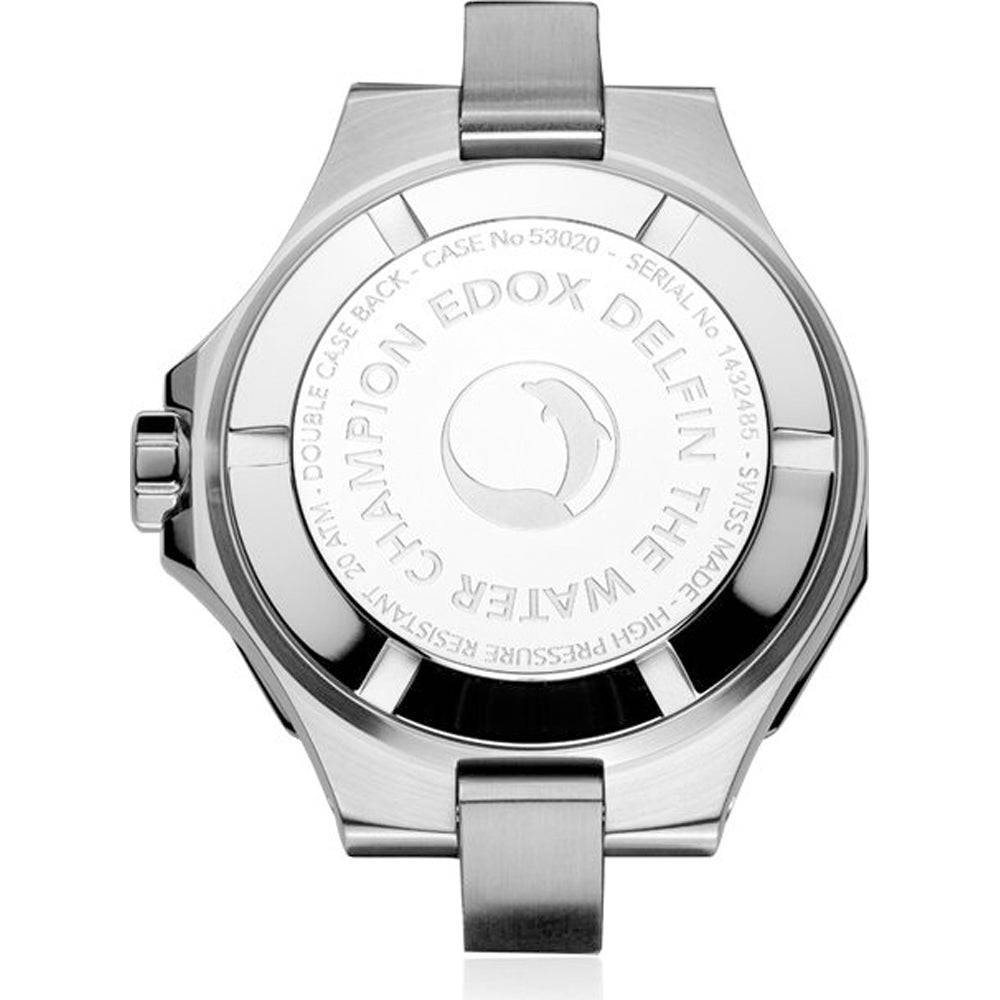 Achterzijde van de Edox Delfin Diver Horloge 53020-3M-BUN met gegraveerd logo en specificaties, ideaal dameshorloge voor duiken tot 20 ATM.