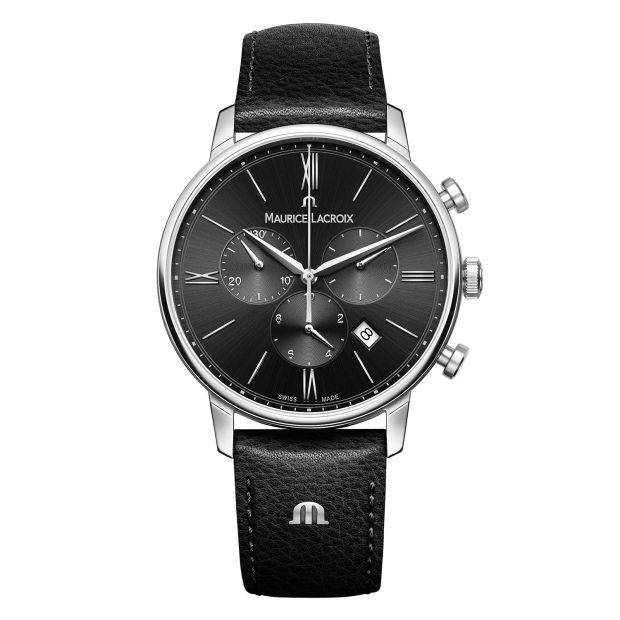 Maurice Lacroix EL1098-SS001-310-1 Eliros Chrono herenhorloge 40mm met zwart leren bandje en zilverkleurige kast. Swiss Made chronograaf voor heren.