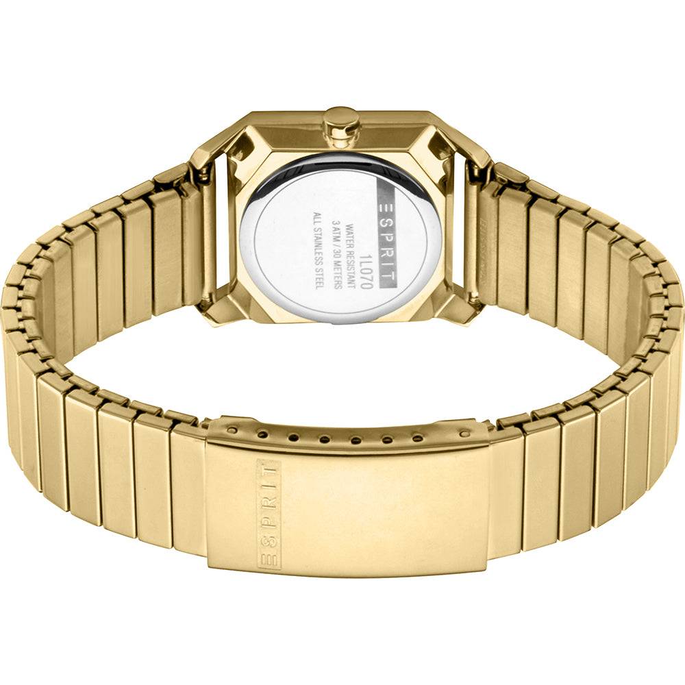Achteraanzicht van de Esprit ES1L070E0075 Cube Mini Dameshorloge 25mm met goudkleurige roestvrijstalen schakelband. Luxe dameshorloge in moderne stijl.