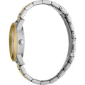Zijaanzicht van Esprit dameshorloge Daphne Crystals - ES1L197M0095 met zilveren en goudkleurige metalen band en slanke kast.