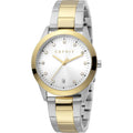Esprit dameshorloge Daphne Crystals ES1L197M0095 met zilver-goudkleurige schakelband en kristallen wijzerplaat, elegant accessoire voor dames.